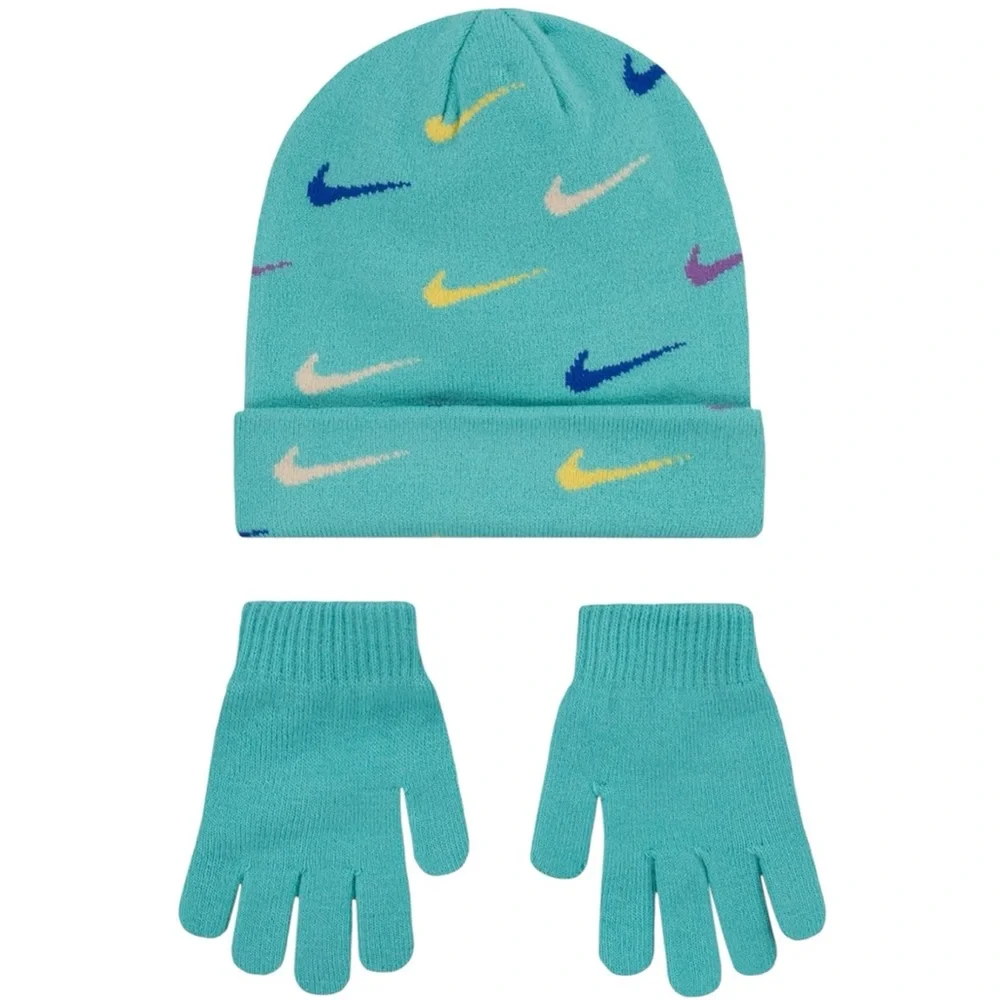 NIKE Kids Beanie & Gloves Set Swoosh Repeat Turquoise Green Frost NWT